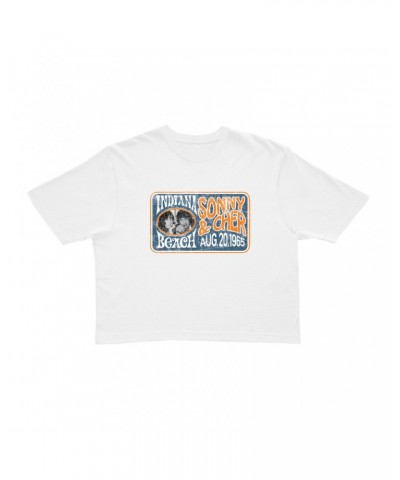 Sonny & Cher Ladies' Crop Tee | Indiana Beach Horizontal Concert Banner Distressed Crop T-shirt $12.53 Shirts